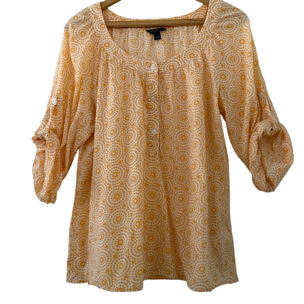 Banana Republic Orange Medallion Roll Tab Sleeve Henley Layer Tunic Blouse Large